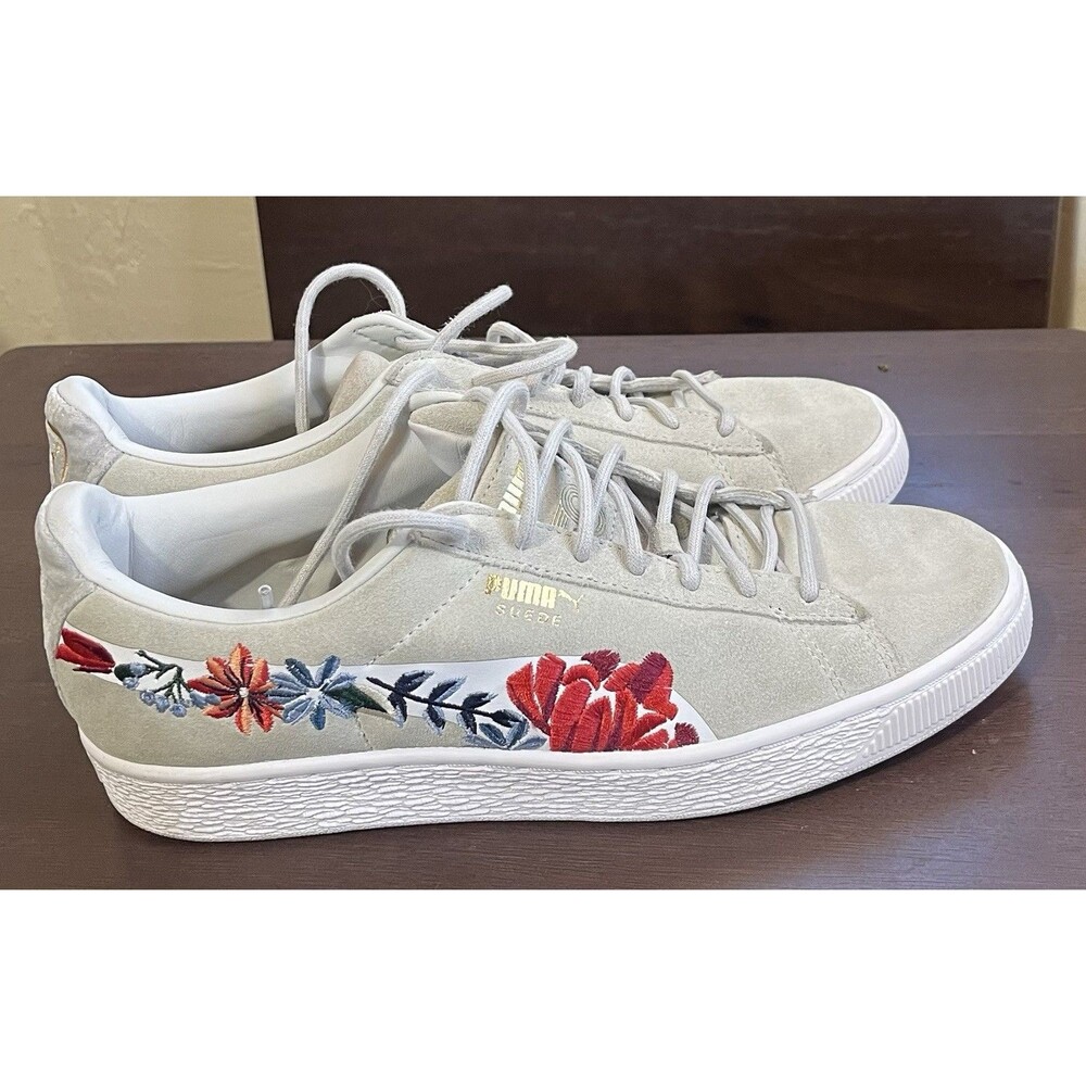 Size 8.5- PUMA Suede "Hyper Embellished" sneakers Grey Floral 50th Anniversary - Picture 2 of 7